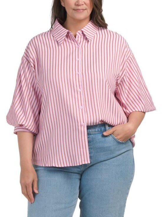 Endless Rose Tops - ENDLESS ROSE Plus Stripe Balloon Sleeve Shirt